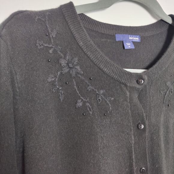Basic Editions Women's Plus Sz 3X Black Beaded Cardigan Sweater Soft Recycled - Picture 2 of 5